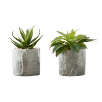 Primrue Artificial Plant, 6" Tall, Succulent, Indoor, Table, Greenery, Potted, Set Of 2, Green Leaves
