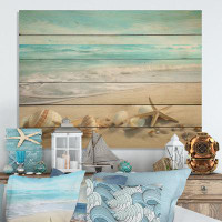 Dovecove Starfish And Seashells III - Modern Landscape Beach Print on Natural Pine Wood