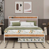 17 Stories Queen Size Metal Platform Bed Frame With Twin Size Trundle, Upholstered Headboard, Sockets And USB Ports