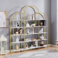 Mercer41 5 Tiers Office Bookcase Bookshelf, Display Shelf with Round Top, X Bar Gold Frame