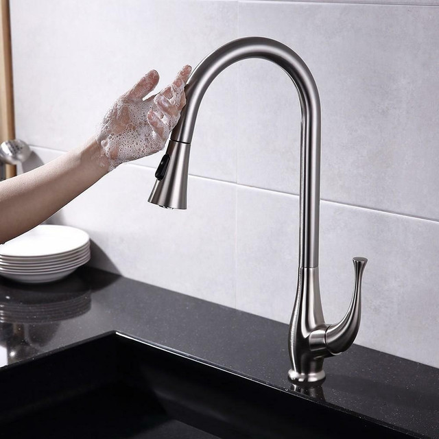 Touch, Pull Out Single Hole Faucet in Brushed Nickel - Dual Function in Plumbing, Sinks, Toilets & Showers