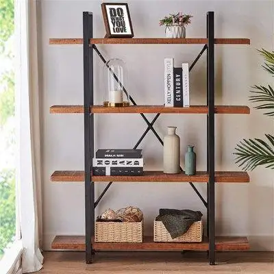 17 Stories 4 Tier Rustic Vintage Industrial Etagere Bookcase, Open Metal Farmhouse Solid Wooden Book Shelf