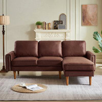 Latitude Run® '' Dark Brown L-shape Sofa With Right Chaise: Mid-century Style, Copper Nails, Sturdy Wooden Legs