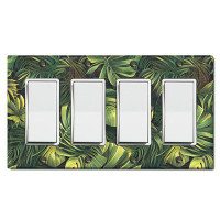 WorldAcc Metal Light Switch Plate Outlet Cover (Green Jungle Plant Leaves - Quadruple Rocker)