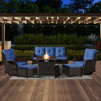 Red Barrel Studio Schutt 5 - Person Wicker Rattan Outdoor Seating Group with Fire Pit and Cushions