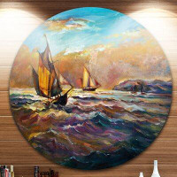 Design Art 'Boats in Roaring Sea' Painting Print on Metal