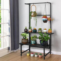 Arlmont & Co. 2 Tier Hanging Plant Stand Stair Shelf With Hanging Bar Carbon Steel Metal Plant Stand Flower Pot Organize