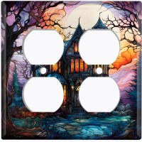 WorldAcc Metal Light Switch Plate Outlet Cover (Halloween Spooky Sunset Manor - Double Duplex)
