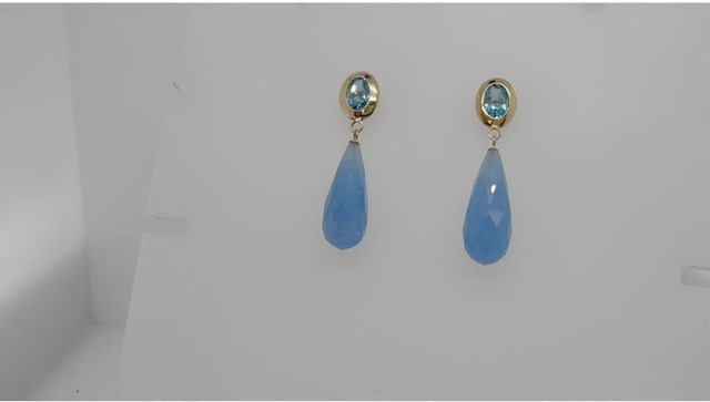 #313 - 14k Yellow Gold, Custom Drop Earrings, Blue Topaz &amp; Blue Jadeite in Jewellery & Watches - Image 2