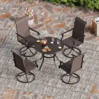 Lark Manor 4 People 38” Round Metal Table With Umbrella Hole And 4 High Back Swivel Rattan Chairs 5 Pieces Patio Furnitu