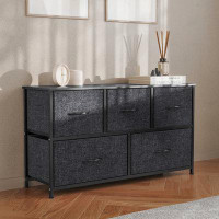 Ebern Designs Draven 5 Drawer Storage Dresser with Cast Iron Frame, Wood Top and Easy Pull Fabric