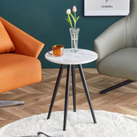Wenty Modern Minimalist White Imitation Marble End Table, Small Coffee Table With Black Metal Legs, Circular Bedside Tab