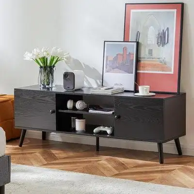 George Oliver TV Stand, Wooden Storage Rack, Media Console Table 2 Cabinet, With Handle Door, Living Room, Bedroom, Blac