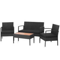 Latitude Run® Patiojoy Patio Rattan 4pcs Cushioned Chair Side Table Set Bistro Set Classic Furniture Single Sofa Thick C