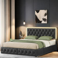 Red Barrel Studio Jupp Queen Size PU Leather Tufted Bed with LED Lights and 4 Storage Drawers