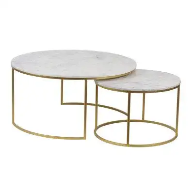 Everly Quinn 2 Piece Nesting Coffee Table, White Round Marble Stone Top, Gold Metal Base