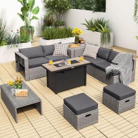 Latitude Run® 9 PCS Patio Furniture Set w/ 42" 60,001 BTU Fire Pit Outdoor Sectional Sofa Set w/ Storage Box