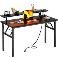 Latitude Run® Modern Black Gaming Desk With LED Lights - Multi-Function Home Office Desk