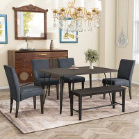 Red Barrel Studio Modern 6-Piece Dining Table Set With V-Shape Metal Legs, Wood Kitchen Table Set With 4 Upholstered Cha