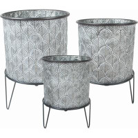 Rosalind Wheeler Set Of 3 Silver White Washed Patterned Buckets On Metal Legs Planters