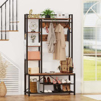 Rubbermaid Hall Tree With Shoe Storage, 5-In-1 Reversible Entryway Bench With Coat Hooks For Hallway, Rustic Wood And Me