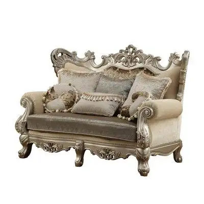 TODAY DECOR TDC 72" Cream And Platinum Polyester Blend Damask Chesterfield Loveseat and Toss Pillows