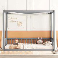 Mercer41 Twin Size Canopy Frame Floor Bed With Fence, Guardrails