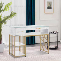 Mercer41 Mercer41 Modern Manicure Table with Drawers, Glass Top Nail Desk with Storage Shelves 2460
