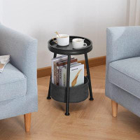 George Oliver George Oliver 3 Legs Black Round End Table, 2 Tier Round Side Table With Storage Basket,11.8 * 17.8inch Ro