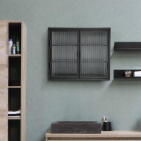 Latitude Run® Lamerle Retro Style Haze Double Glass Door Black Wall Cabinet with Detachable Shelves for Kitchen and Bath