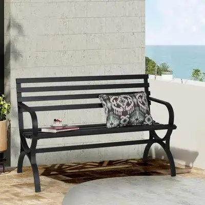 Red Barrel Studio Outdoor Garden Bench, 48” Long Metal Steel Bench with Backrest and Armrests, Modern Slatted Design