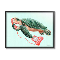 Stupell Industries Green Sea Turtle Swimming Red Rotary Telephone  Giclee Texturized Art Set By Amelie Legault