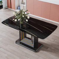 Mercer41 Dining Table. Black Imitation Marble Pattern Desktop. Black MDF Table Legs, Gold Lines, Black Base. Suitable Fo