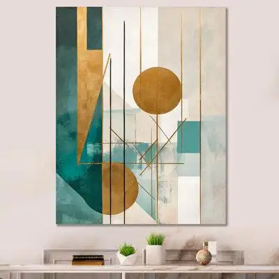 Wrought Studio Glorious Full Moon Retro Gold & Teal Abstract I - Modern Geometric Wall Art Prints