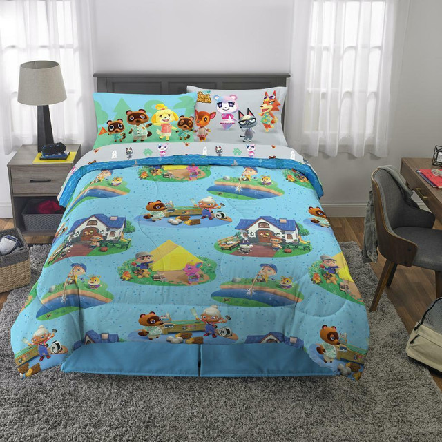 Animal Crossing New Horizons 4 Pcs Twin Sheet Set with Reversible Comforter Pillowcase - Kids Mattress Pattern sheets in Bedding