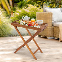 Winston Porter 26.7" Rustic Acacia Wood Rectangular Outdoor Folding Table With Slatted Tray Tabletop For Garden Yard Law