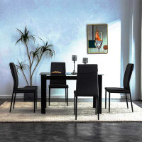 Latitude Run® 5 Pieces Dining Table Set For 4,Kitchen Room Tempered Glass Dining Table ,4 Faux Leather Chairs ,Black