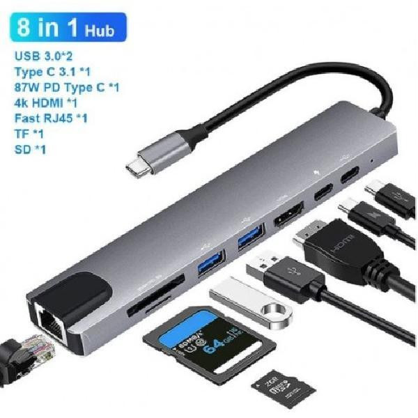 8-in1 USB Hub - USB 3.1 Type-C/USB-C with HDMI, Lan, Card Reader, USB and Type C Ports - Grey in Cables & Connectors - Image 3