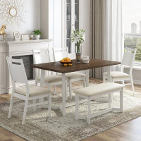 Audiohome Farmhouse 6-Piece Wood Dining Table Set With 4 Upholstered Chairs And Bench