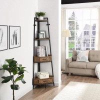 17 Stories Corner Shelf With Two Drawers 72.64Tall; 4-Tier Industrial Bookcase; Black