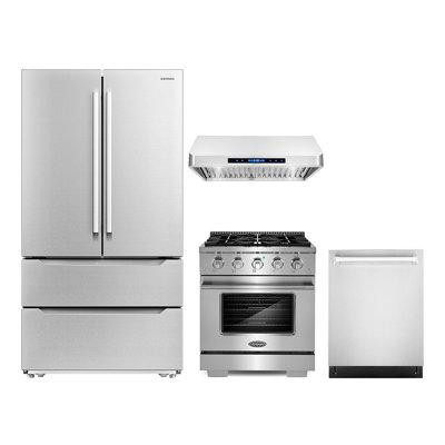 Cosmo 4 Piece Kitchen Package with French Door Refrigerator & 29.8" Freestanding Gas Range in Refrigerators