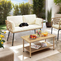 Ebern Designs 2 Pcs Patio Furniture Set with Wicker Sofa, Beige Cushions, Lumbar Pillows, and Coffee Table