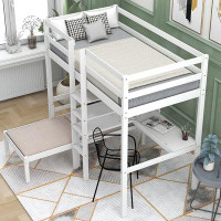 Harriet Bee White Twin Loft Bed With L-Shape Desk And Shelves