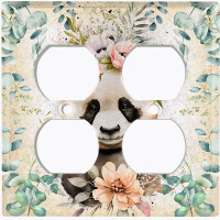 WorldAcc Metal Light Switch Plate Outlet Cover (Panda Animal Flower Head Wreath - Double Duplex)