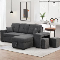 Latitude Run® Wantaugh velvet sectional,Reversible Sofa Bed,l shaped couch with Side Shelf and 2 Stools