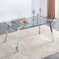 Wrought Studio A Modern Minimalist Rectangular Glass Dining Table With Tempered Glass Tabletop And Silver Metal Legs, Su