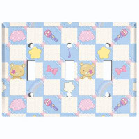 WorldAcc Metal Light Switch Plate Outlet Cover (Blue White Toy Chest Karaoke Bear - Triple Toggle)