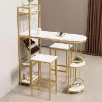 Mercer41 3 Pcs Bar Table And Chairs Set, Modern White Kitchen Bar Height Dining Table With Gold Base With Shelves, Glass