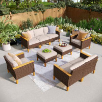 Lark Manor 9-Piece Wicker Outdoor Patio Furniture Set, Stylish Rattan Sectional Patio Set with Beige Cushions