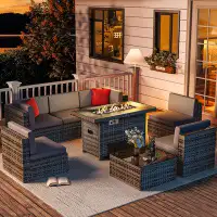 Latitude Run® Caradog Wicker 6 - Person Patio Conversation Sets with Cushions Coffee Table and Fire Pit